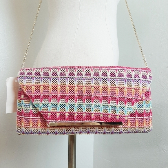 Estee & Lilly Handbags - Estee & Lilly Woven Striped Clutch Snap Close Crossbody Chain Strap Pink Purple